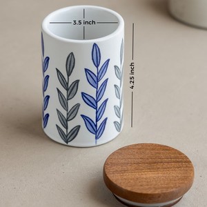 Luxury Ceramic <b>Snack</b> Storage Jar With Wooden Lid Airtight Kitchen <b>Container</b> Leaf Print Durable Stylish Multipurpose Use - Product Image 2