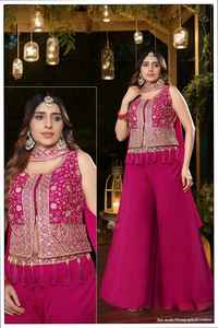 ชุดพาลาซโซปักลายสีชมพูของราณีสำหรับผู้หญิง พร้อมเสื้อแจ็คเก็ตดีไซเนอร์ คุर्ติ และผ้าคลุมไหล่ สำหรับงานแต่งงานและงานเฉลิมฉลอง - Product Image 3