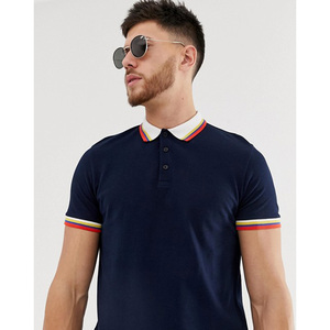 Men's <b>Navy</b> Blue Short Sleeve Polo Shirt With White Collar And Red Yellow Trim Solid Color Smart Casual Style Cotton Woven - Product Image 3