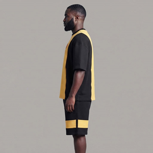 Nuevo conjunto deportivo de hombre, estilo holgado y moderno, con hombros caídos, cuello redondo, manga corta, 100% algodón, 2 piezas, con bloques de color, estilo urbano. - Product Image 3
