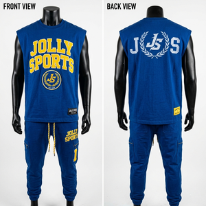 Ensemble t-shirt sans manches et jogging pour homme en coton molletonné GSM, bleu royal et jaune, impression personnalisée, logo sérigraphié, t-shirt et pantalon pour homme - Product Image 1