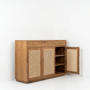 Solid Teak Wood <b>Sideboard</b> 3 Drawer Cabinet Commercial Hotel Credenza with Rattan for Luxury Resort Hospitality Project Furniture - Product Image 3