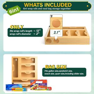 Organizzatore per cassetti da cucina 6 in 1 in bambù con dispenser per pellicola trasparente e sacchetti per alimenti, contenitore per la conservazione - Product Image 5