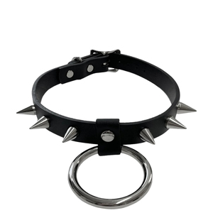 Collier ras du cou style punk en cuir PU avec chaîne à maillons, pointes et anneau en acier inoxydable – Accessoire de mode unisexe mignon pour les fêtes - Product Image 4