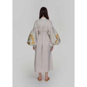 Vestido Midi de Lino y Algodón Gris para Mujer, Multicolor, Bordado, Manga Abullonada, Cuello en V, Cintura con Lazo, Estilo Boho - Product Image 3