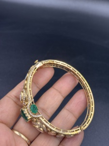 <b>Silver</b> Gold Plated Classic Doublet <b>Cuff</b> CZ Polki Cut Green Bezel Set Geometric Design Women's Bridal Wedding Everyday Wear - Product Image 1