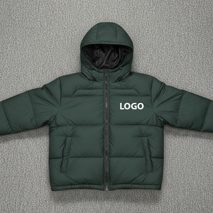 Men's Dark Green Hooded Puffer <b>Jacket</b> With Front Logo Zipper Closure Windproof <b>Winter</b> Casual Outerwear - Product Image 5