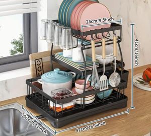 3 Tier Black Metal <b>Dish</b> Rack Drainer with Utensil Holder Detachable <b>Dish</b> Drying Organizer for Kitchen - Product Image 2