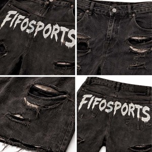 Shorts en jean déchirés pour hommes avec logo personnalisé, imprimé graphique streetwear noir, vente en gros - Product Image 3