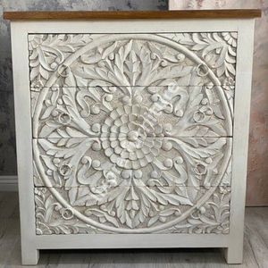 Commode de luxe artisanale en bois massif à 3 tiroirs, sculptée de motifs floraux mandala, finition blanc antique - Product Image 3