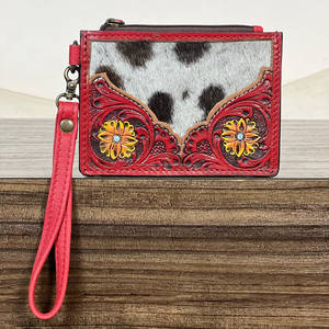 Hot Selling Tooled Genuine Cowhide Leather Zipper Mini <b>Wallet</b> Floral Carving Coin & ATM <b>Card</b> Holder Wristlet Clutches For <b>Women</b> - Product Image 4