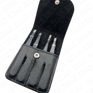 4PCS Stainless Steel Eyebrow Tweezers Set Custom Colors with PU Leather Pouch Slant Pointed Angled Tip OEM - Product Image 3