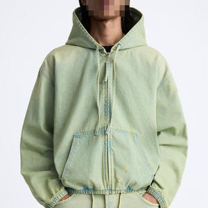 Sudadera con capucha de mezclilla vintage para hombre, estilo trabajador, pesada, desgastada, con cremallera, oversize, personalizada, de moda urbana - Product Image 4