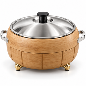 Cacerola de Madera de Lujo para Mantener la Comida Caliente, Tapa de Acero Inoxidable, Asas Plateadas, Patas Doradas, Aislada, 24 cm de Diámetro, Compatible con Todas las Estufas - Product Image 3