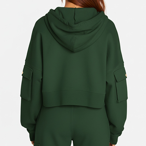 Sudadera con capucha y cremallera de manga larga con hombros caídos, hecha a medida, para mujer, 100% algodón, forro polar ligero, lavado ácido y a la piedra - Product Image 4