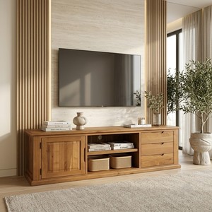 Mueble de TV Moderno de Madera Maciza con Cajones y Almacenamiento para Sala de Estar, Diseño Escandinavo de Pie - Product Image 1
