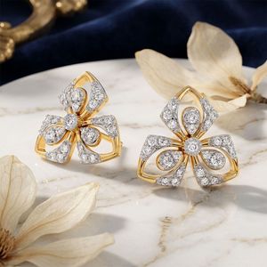 ต่างหูแบบติดหูรูปโบว์ลายดอกไม้ประดับเพชรทองคำขาวสีเหลืองทอง - Product Image 3