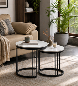 Luxury Round <b>Nesting</b> <b>Coffee</b> <b>Table</b> <b>Set</b> with Marble Top and Black Metal Base for Living Room Furniture - Product Image 1