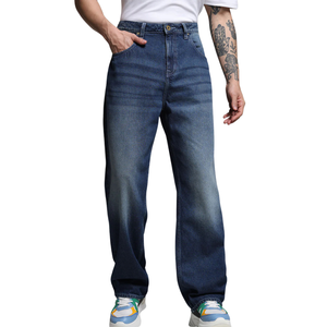 Jeans en denim pour hommes, coupe ample et respirante, style streetwear, jambe droite décontractée, bleu délavé, imprimé uni, vente en gros - Product Image 6