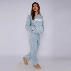 Ensemble de survêtement en molleton bleu ciel pour femme avec sweat à capuche à poches et pantalon de survêtement assorti, coupe ample, décontracté, toutes saisons - Product Image 2
