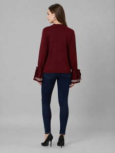 Pull à manches longues en tricot côtelé bordeaux pour femme, haut décontracté pour tous les jours - Product Image 4