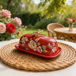Red Floral Design Decorative Ceramic Butter Dish Perfect For Kitchen Storage And Table Presentation Handcrafted From India - Product Image 2