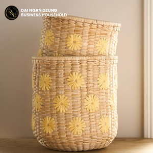 Multi-Use Handwoven Seagrass Rattan <b>Foldable</b> Three-Layer Artisan-made Vintage Storage <b>Basket</b> for Living Room Blue Floral Pattern - Product Image 5