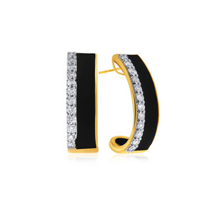 14K Yellow Gold <b>Black</b> Enamel Diamond Hoop Earrings Round Brilliant Cut Lab Grown Diamonds Contemporary Luxury Jewelry Women - Product Image 1