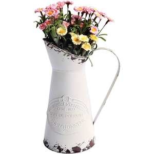 Vase vintage en métal galvanisé blanc avec poignée, carafe décorative style ferme pour la maison, le bureau et le jardin, design floral shabby chic - Product Image 2