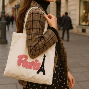 Sac fourre-tout en toile de coton matelassé avec broderie Paris, sac à bandoulière pour le shopping, sac de courses réutilisable, sac à main pour femme, promotion voyage - Product Image 1
