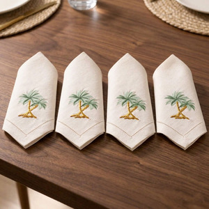 Serviette de table carrée en lin 100% brodée sur mesure avec motif palmier, ourlet festonné, lavable en machine, durable, pour la maison et l'hôtellerie - Product Image 2