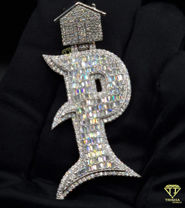 Baguette " P " <b>Initial</b> Pendant With Moissanite Diamond Hip Hop <b>Necklace</b> Bling Jewelry Gift - Product Image 3