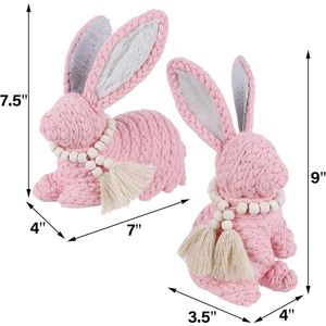 Set di 2 Decorazioni Pasquali con Coniglietti Rosa Intrecciati, Statuette per Casa, Mensole, Centrotavola, Decorazioni Primaverili - Product Image 1
