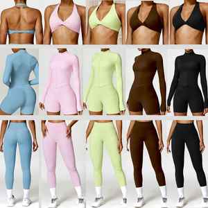 Conjunto Deportivo Fiess de 4 Piezas: Sujetador Deportivo de Alta Sujeción, Transpirable y de Secado Rápido, Leggings de Spandex/Nylon, Chaqueta con Cremallera Frontal y Efecto Scrunch Butt para Gimnasio - Product Image 6