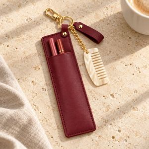 Miroir de poche avec peigne et étui à crayon à sourcils en cuir PU, porte-clés pour les retouches de maquillage quotidiennes en extérieur pour femmes - Product Image 4