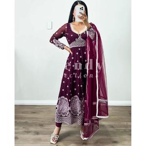 ชุดทำงานผ้าคอตตอนผ้าจอร์เจียประดับด้วยไวน์ dupatta - Product Image 5