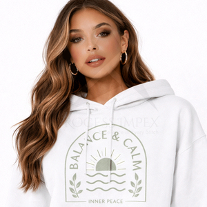 Sweat-shirt court blanc pour femme avec imprimé Balance & Calm, en coton décontracté, avec logo sur le devant, idéal pour le printemps - Product Image 6