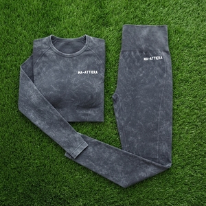 Women Charcoal Acid Wash Yoga Set Long Sleeve <b>Crop</b> Top High Waist <b>Leggings</b> Gym Fitness Workout Activewear - Product Image 5
