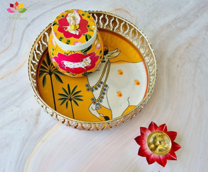 Restaurant Metal Pichwai Jar with Tray <b>Storage</b> Jar Set for <b>Table</b> Decoration - Product Image 1