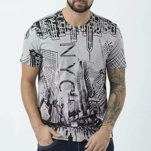 Men's Gray Short Sleeve O-Neck T-<b>Shirt</b> With City Print Pattern Regular Fit Casual Cotton Jersey Knitted Breathable - Product Image 1