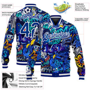 Veste universitaire streetwear pour hommes avec imprimé graffiti intégral, logo personnalisé, style high street, veste letterman, fournisseur en gros - Product Image 2