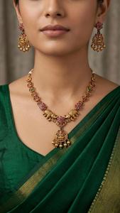High Quality Traditional Tempal Laxmi Gold-Plated Flower Design Coin Necklace Earrings <b>Set</b> Crystal Rhinestone Ethnic Wedding - Product Image 2