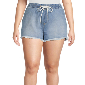 Shorts de Mezclilla para Mujer, Cintura Media, 100% Algodón, Color Sólido, Dobladillo Desgarrado, Cintura Elástica, Corte Regular - Product Image 3