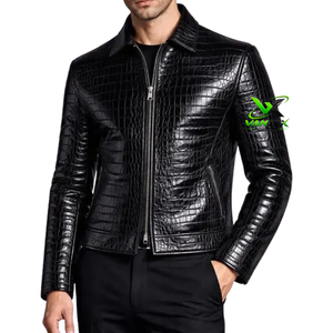 Men's Brown Croc Embossed Genuine Canvas Motorcycle <b>Jacket</b> Stand Collar Breathable Fabric <b>Sheep</b> Lining Snake <b>Skin</b> Design Zipper - Product Image 5