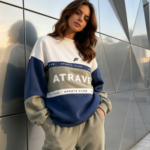 Women Color Block Crewneck Sweatshirt Oversized Street Style Fleece Pullover Casual <b>Long</b> <b>Sleeve</b> Embroidered Panel <b>Top</b> - Product Image 2