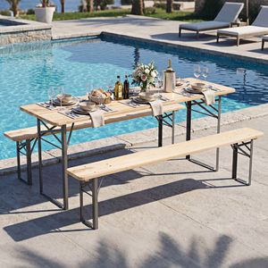 Table de pique-nique pliante 3 pièces de 70 pouces avec bancs, ensemble de camping et de jardin portable en bois de sapin pour 6 personnes - Product Image 1