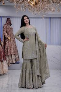 Sage Green Embroidered <b>Kurta</b> Palazzo Dupatta Set Indian Pakistani Ethnic Wear <b>For</b> <b>Women</b> Wedding - Product Image 2