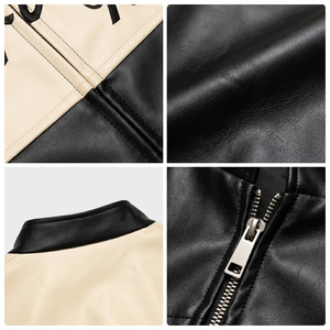 Blouson de motard en cuir pour homme, col montant, en toile, noir et beige, blocs de couleur, fermeture éclair frontale, imperméable, coupe-vent, style sportif streetwear - Product Image 6