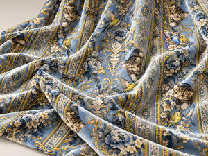 Tissu d'ameublement en peluche tissé léger et respirant à motif personnalisé chat et oiseau imprimé bleu pour la maison - Product Image 5