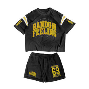 Ensemble T-shirt et short en coton pour homme Random Feeling – Col rond, tenue décontractée d'été, motif lettres imprimées, tricot respirant - Product Image 4